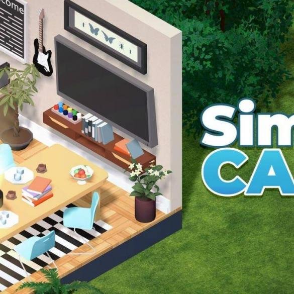 Un soggiorno moderno arredato in Simpli Casa su Nintendo Switch con divano modulare, piante e illuminazione geometrica.