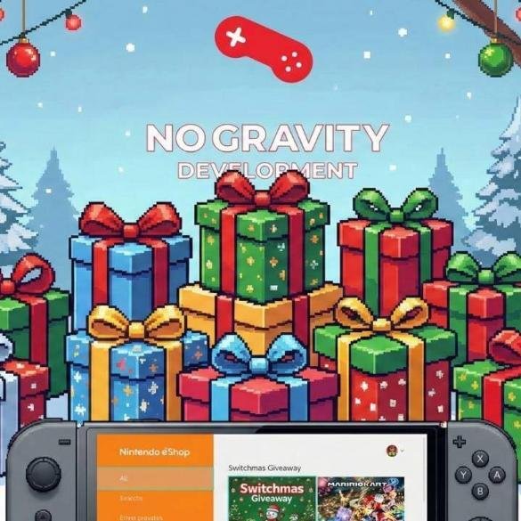 Grafica promozionale Switchmas 2025 con pacchi regalo e logo No Gravity.