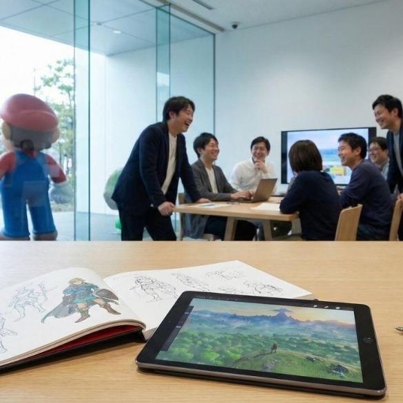 L'immagine ritrae un team di professionisti in una moderna e luminosa sala riunioni, probabilmente all'interno di un'azienda di sviluppo videogiochi come Nintendo. Sul tavolo in primo piano sono visibili strumenti di lavoro creativi: un quaderno aperto con schizzi a matita di personaggi fantasy, un tablet che mostra un paesaggio digitale in stile The Legend of Zelda, una penna e un biglietto da visita con un logo. Sullo sfondo, il team sta collaborando attorno a uno schermo, sorridendo e discutendo. Attraverso l'ampia vetrata si scorge una grande statua di Mario all'esterno. L'atmosfera è professionale, collaborativa e creativa.