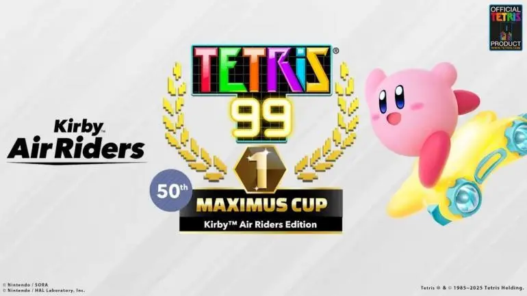 Schermata di gioco di Tetris 99 con lo sfondo personalizzato di Kirby Air Riders e i blocchi colorati a tema.