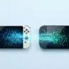 Trasferimento dati da Nintendo Switch OLED a nuova console Switch 2, con flusso luminoso di pixel che simboleggia la migrazione dei salvataggi.