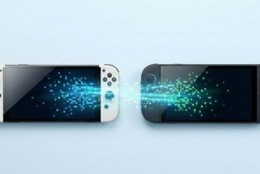 Trasferimento dati da Nintendo Switch OLED a nuova console Switch 2, con flusso luminoso di pixel che simboleggia la migrazione dei salvataggi.