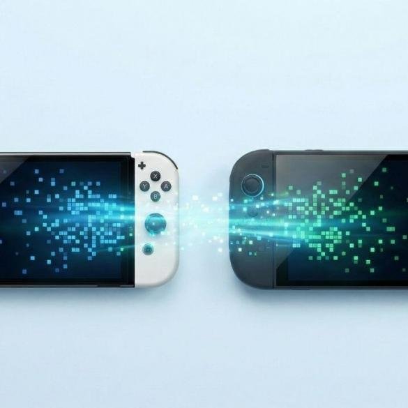Trasferimento dati da Nintendo Switch OLED a nuova console Switch 2, con flusso luminoso di pixel che simboleggia la migrazione dei salvataggi.