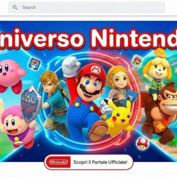 Banner colorato con la scritta Universo Nintendo che ritrae Mario, Link, Zelda, Pikachu, Kirby, Fuffi e Donkey Kong, rappresentando il portale ufficiale dei personaggi sul sito Nintendo.