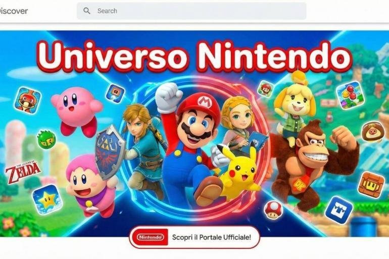 Banner colorato con la scritta Universo Nintendo che ritrae Mario, Link, Zelda, Pikachu, Kirby, Fuffi e Donkey Kong, rappresentando il portale ufficiale dei personaggi sul sito Nintendo.