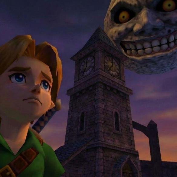 Link osserva la luna minacciosa in The Legend of Zelda Majora's Mask.
