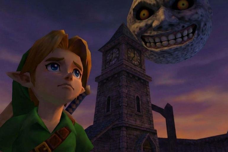 Link osserva la luna minacciosa in The Legend of Zelda Majora's Mask.