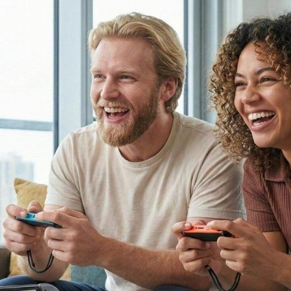 Due amici giocano con la Nintendo Switch 2 a un titolo cooperativo.