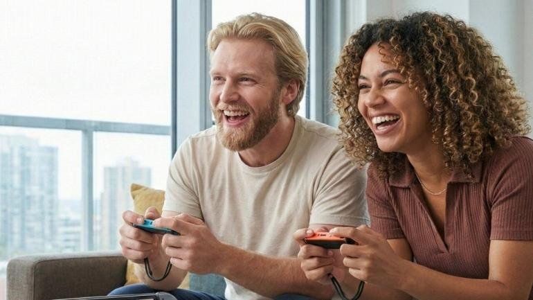 Due amici giocano con la Nintendo Switch 2 a un titolo cooperativo.