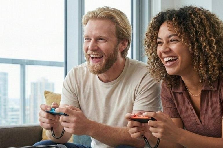 Due amici giocano con la Nintendo Switch 2 a un titolo cooperativo.
