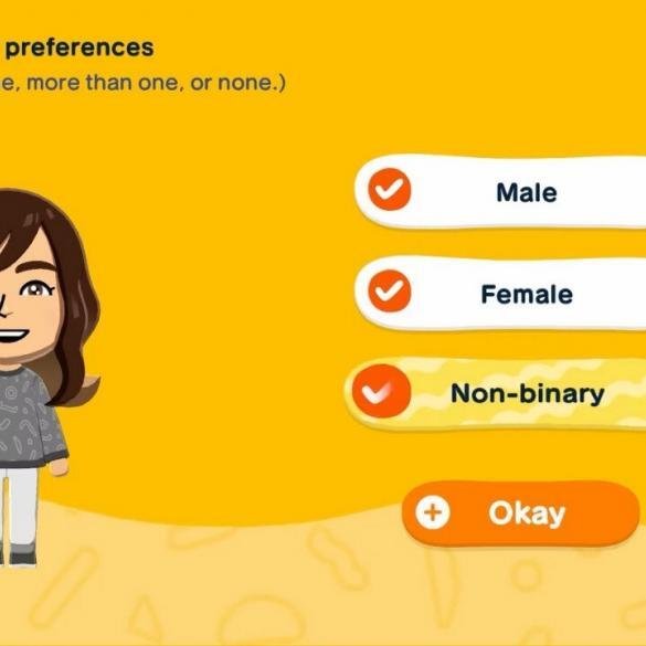la schermata di creazione Mii di Tomodachi Life con le opzioni di genere in inglese