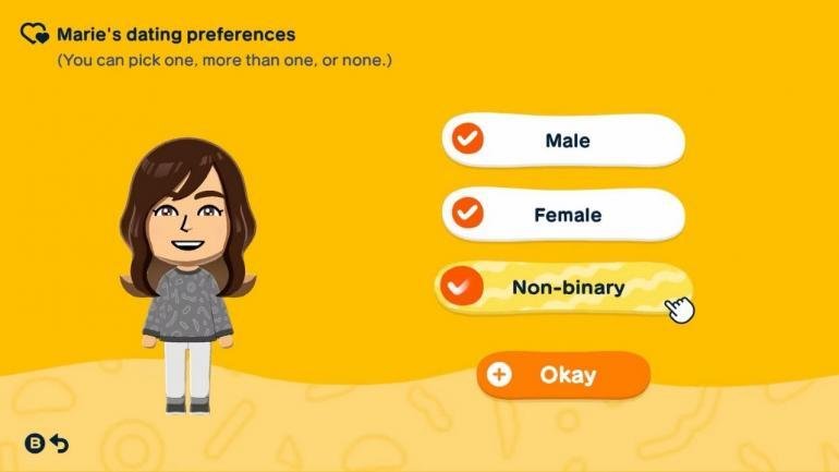 la schermata di creazione Mii di Tomodachi Life con le opzioni di genere in inglese