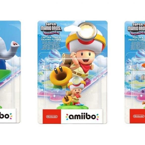 I tre nuovi amiibo della serie Super Mario Bros. Wonder: Mario Elefante, Capitan Toad e Principe Florian nelle loro confezioni ufficiali.
