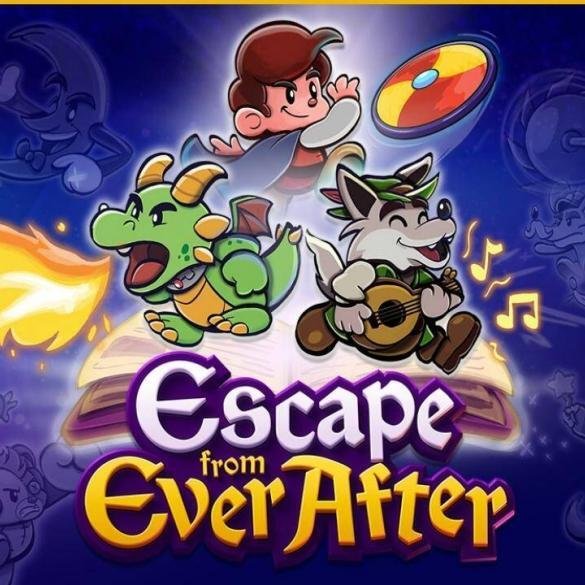 I personaggi fiabeschi di Escape from Ever After in un ufficio colorato, pronti a combattere contro la Ever After Inc.