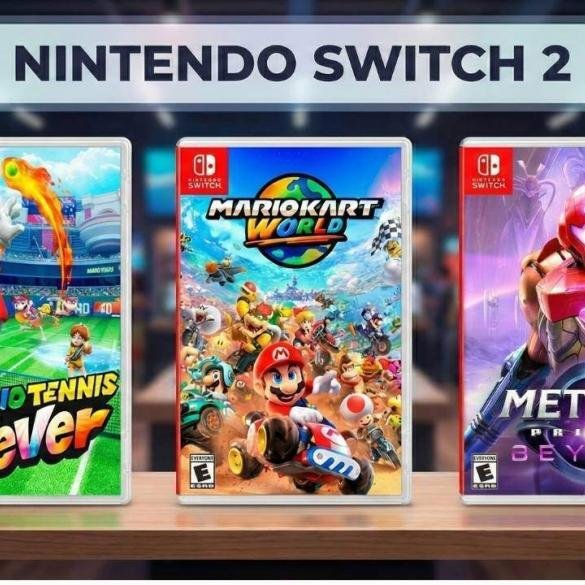 Una panoramica delle copertine dei giochi per Nintendo Switch 2, inclusi Mario Kart World, Metroid Prime 4 e il nuovo Mario Tennis Fever.