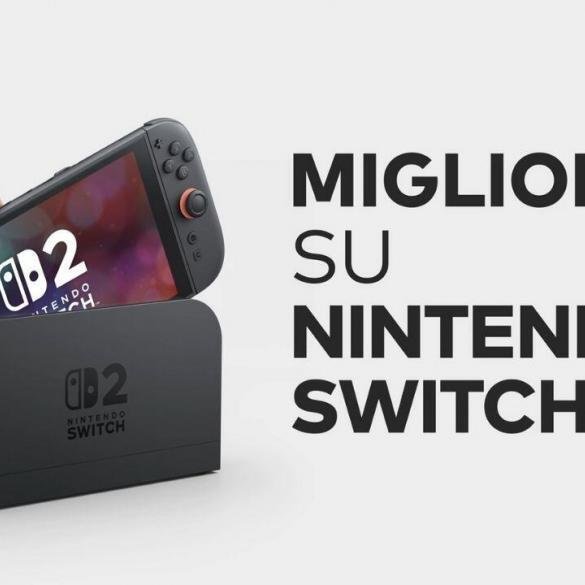 Un confronto grafico che mostra i giochi per Nintendo Switch 2 come Super Mario Odyssey e Pokémon Scarlatto con grafica ottimizzata e HDR attivo.
