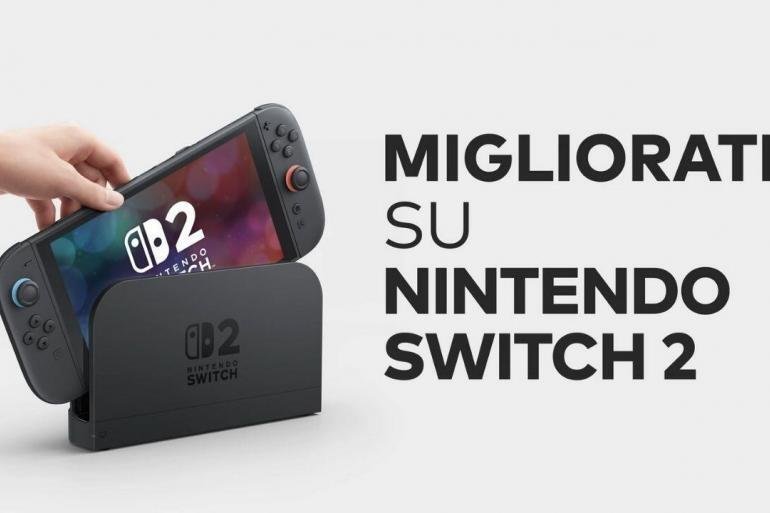 Un confronto grafico che mostra i giochi per Nintendo Switch 2 come Super Mario Odyssey e Pokémon Scarlatto con grafica ottimizzata e HDR attivo.