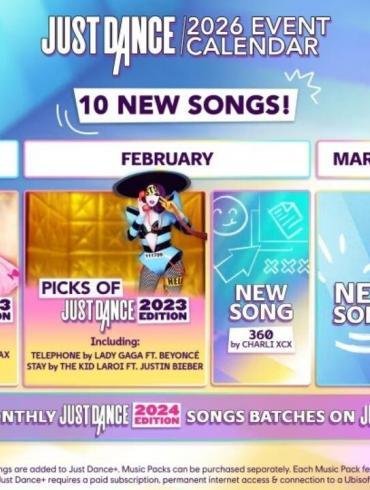 Grafica promozionale di Just Dance+ che mostra i nuovi avatar e le canzoni in arrivo nel 2026, con il logo del servizio di streaming.