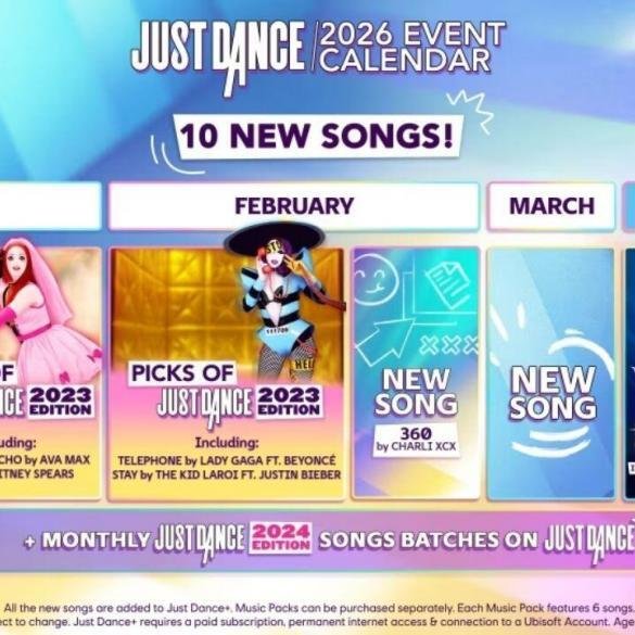 Grafica promozionale di Just Dance+ che mostra i nuovi avatar e le canzoni in arrivo nel 2026, con il logo del servizio di streaming.