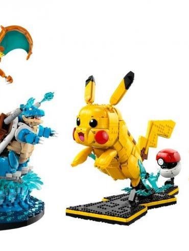 La nuova collezione LEGO Pokémon che mostra i set di Pikachu, Eevee, Charizard, Blastoise e Venusaur costruiti con i mattoncini