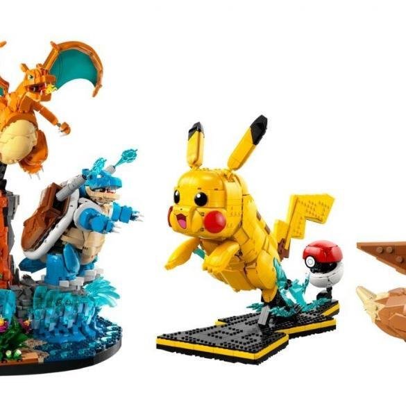 La nuova collezione LEGO Pokémon che mostra i set di Pikachu, Eevee, Charizard, Blastoise e Venusaur costruiti con i mattoncini