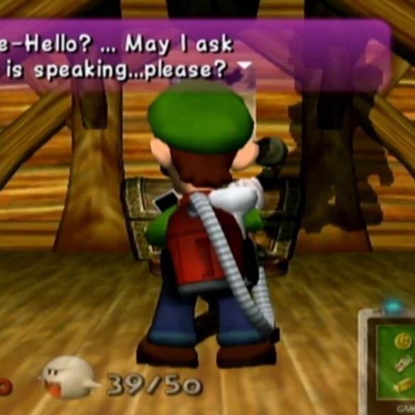 Screenshot di Luigi's Mansion per GameCube che mostra l'ombra di Luigi sul muro che sembra impiccata durante un temporale.