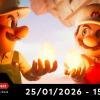 Mario e Sfavillotto osservano lo spazio nel logo ufficiale di Mario Galaxy Il Film, con la data del Nintendo Direct.