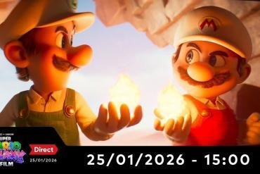 Mario e Sfavillotto osservano lo spazio nel logo ufficiale di Mario Galaxy Il Film, con la data del Nintendo Direct.