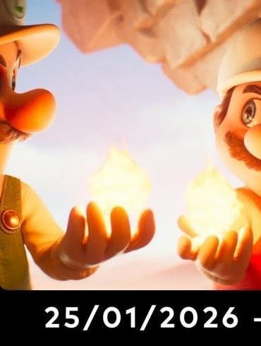 Mario e Sfavillotto osservano lo spazio nel logo ufficiale di Mario Galaxy Il Film, con la data del Nintendo Direct.
