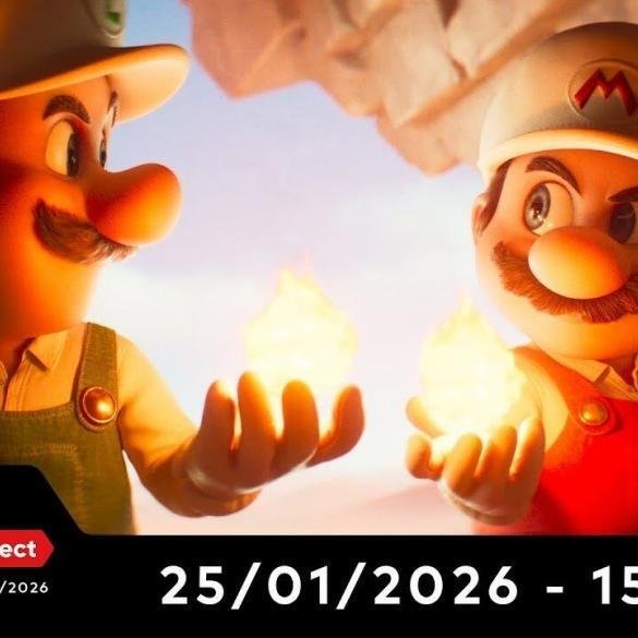 Mario e Sfavillotto osservano lo spazio nel logo ufficiale di Mario Galaxy Il Film, con la data del Nintendo Direct.