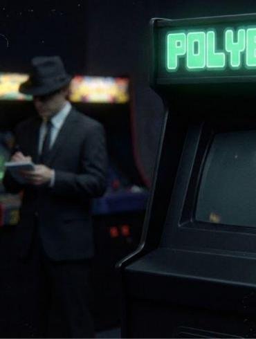 Rappresentazione artistica del misterioso cabinato arcade Polybius in una sala giochi buia degli anni '80.