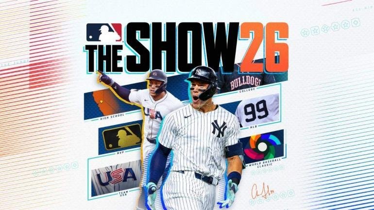 Copertina ufficiale di MLB The Show 26 che mostra Aaron Judge con la divisa dei New York Yankees e del Team USA per il World Baseball Classic.