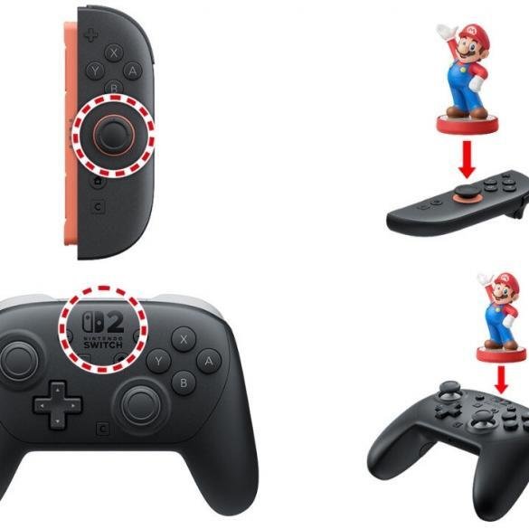 Un confronto grafico che mostra il punto di contatto NFC sul Nintendo Switch 2 Pro Controller e sul Joy-Con 2 destro.