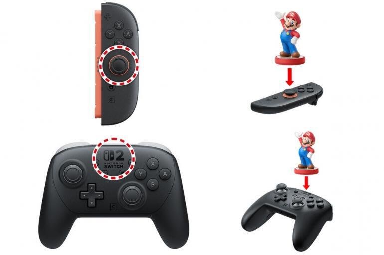 Un confronto grafico che mostra il punto di contatto NFC sul Nintendo Switch 2 Pro Controller e sul Joy-Con 2 destro.