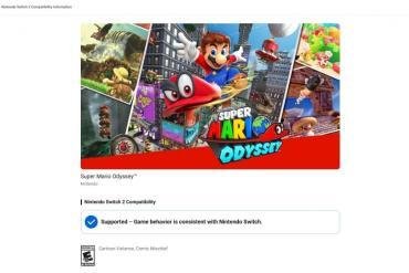 Una schermata del portale ufficiale Nintendo che mostra l'esito positivo di compatibilità per un gioco su Nintendo Switch 2 con la spunta blu "Supported".
