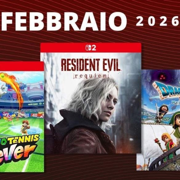 Un collage dei giochi in uscita a febbraio su Nintendo Switch 2 che mostra Mario Tennis Fever, Resident Evil Requiem e Dragon Quest VII.