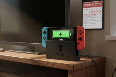 Una Nintendo Switch (modello OLED o standard) inserita nel dock tv con l'icona della batteria in ricarica visibile sullo schermo.