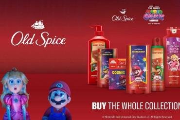 La nuova linea di prodotti Old Spice dedicata al Film Super Mario Galaxy, con Mario, Luigi e Peach sulle confezioni di deodoranti e bagnoschiuma.