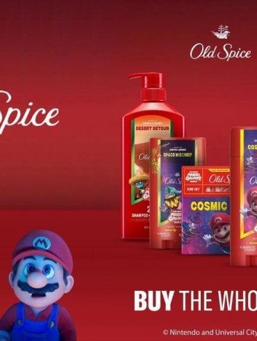La nuova linea di prodotti Old Spice dedicata al Film Super Mario Galaxy, con Mario, Luigi e Peach sulle confezioni di deodoranti e bagnoschiuma.