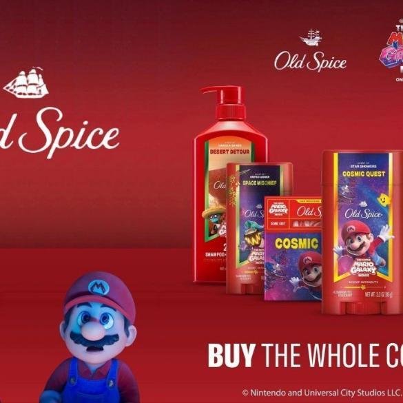 La nuova linea di prodotti Old Spice dedicata al Film Super Mario Galaxy, con Mario, Luigi e Peach sulle confezioni di deodoranti e bagnoschiuma.