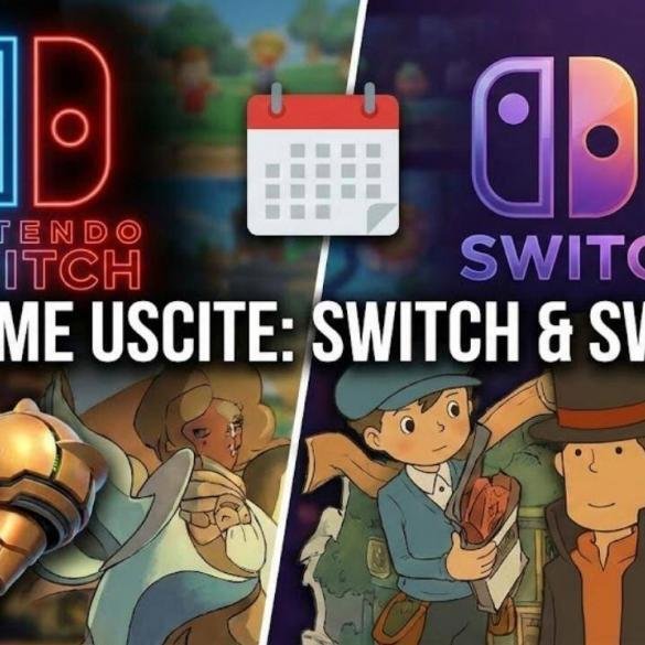 Collage dei protagonisti di Metroid Prime 4, Professor Layton e il logo di Nintendo Switch 2 su sfondo rosso e azzurro.