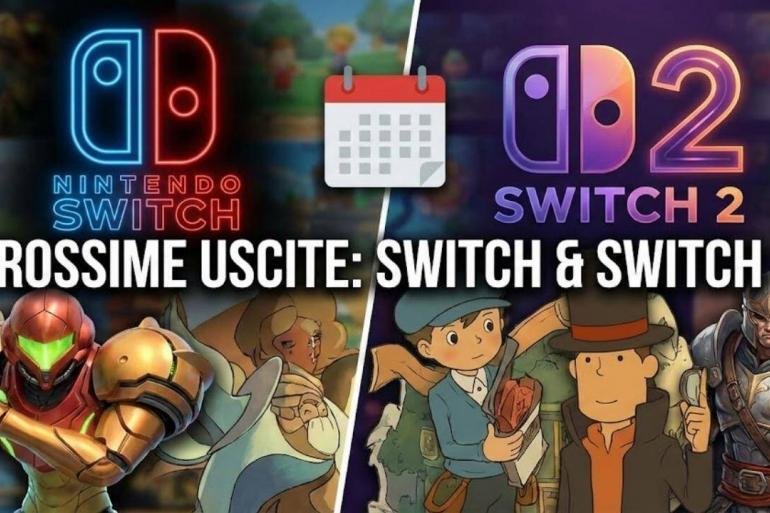 Collage dei protagonisti di Metroid Prime 4, Professor Layton e il logo di Nintendo Switch 2 su sfondo rosso e azzurro.