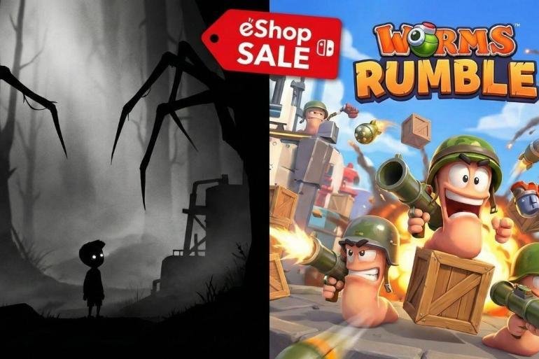 Collage promozionale offerte Nintendo Switch: a sinistra la silhouette oscura del protagonista di LIMBO, a destra l'azione colorata di Worms Rumble, con etichetta rossa saldi eShop.