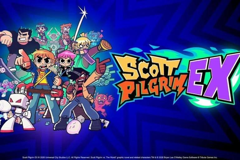Matthew Patel e Robot-01 in azione nel nuovo beat 'em up Scott Pilgrim EX, con grafica in pixel art colorata.