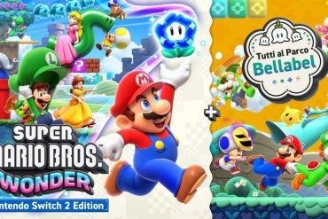 I personaggi di Super Mario Bros. Wonder, inclusi i nuovi arrivati Rosalinda e Sfavillotto, in azione nella nuova area Parco Bellabel su Nintendo Switch 2.