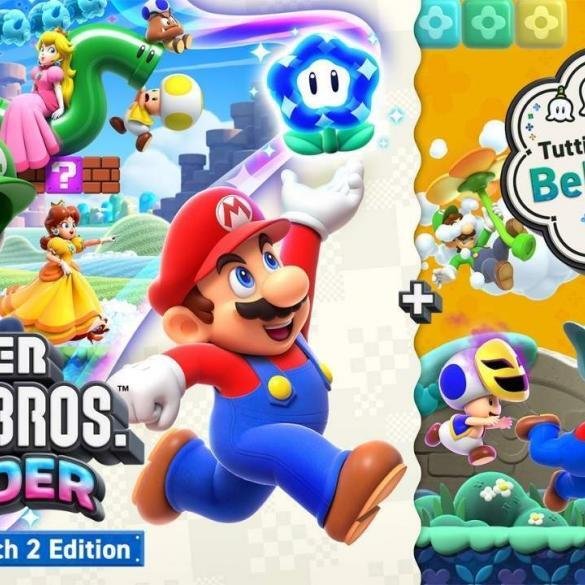 I personaggi di Super Mario Bros. Wonder, inclusi i nuovi arrivati Rosalinda e Sfavillotto, in azione nella nuova area Parco Bellabel su Nintendo Switch 2.