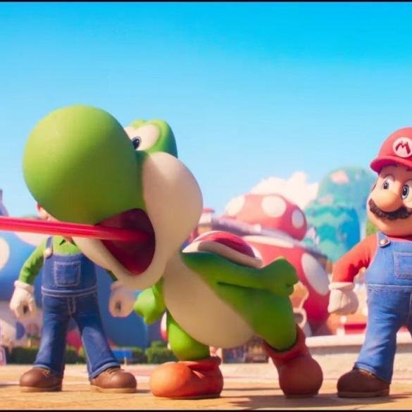 Yoshi allunga la lingua prendendo il Categnaccio nella nuova clip di Super Mario Galaxy Il Film, con Mario e Luigi sullo sfondo.