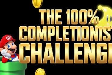Logo The 100% Completionist Challenge con mario che esce dal tubo circondato da lune e monete.