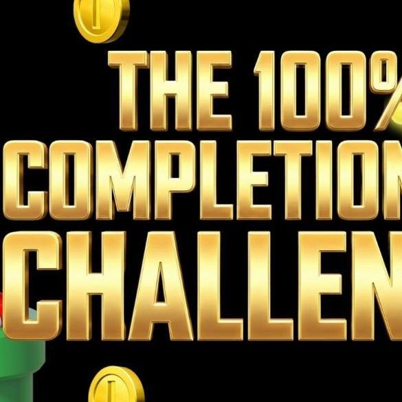 Logo The 100% Completionist Challenge con mario che esce dal tubo circondato da lune e monete.