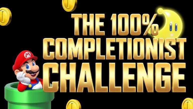 Logo The 100% Completionist Challenge con mario che esce dal tubo circondato da lune e monete.